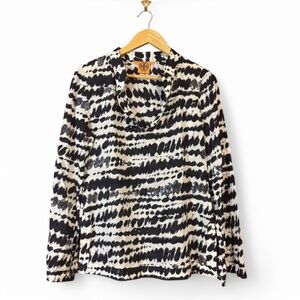 Tory Burch Women’s Size 8 Tunic Top Black White Sequin Print Blouse Cotton